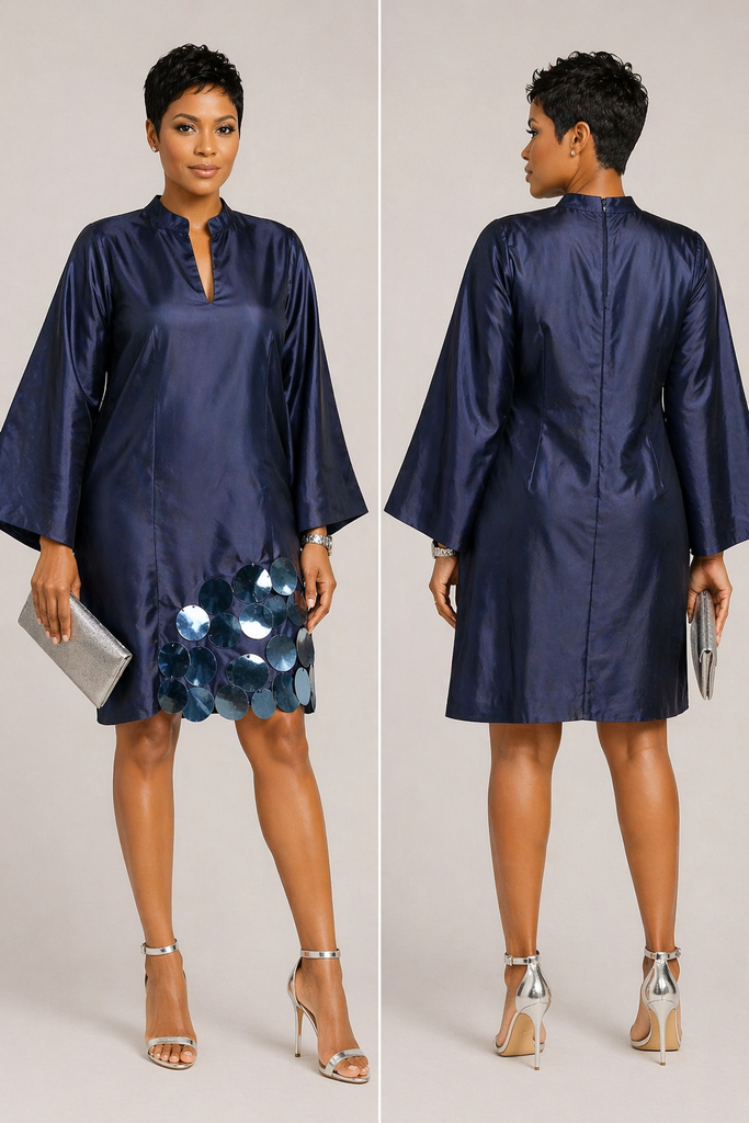 Navy Satin Embellished Mini Dress with Statement Disc Detail