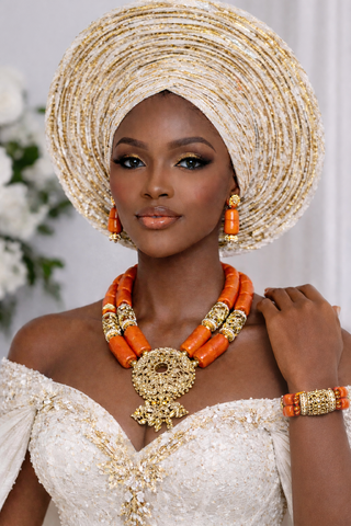 Luxury Coral Bead Jewelry Set with Gold Pendant – Necklace, Earrings & Bracelet