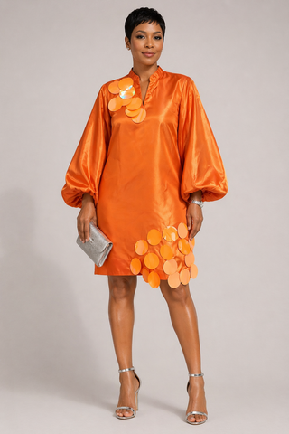 Orange Luxe Satin Statement Dress with Sculpted Sleeves