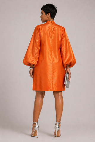 Orange Luxe Satin Statement Dress with Sculpted Sleeves