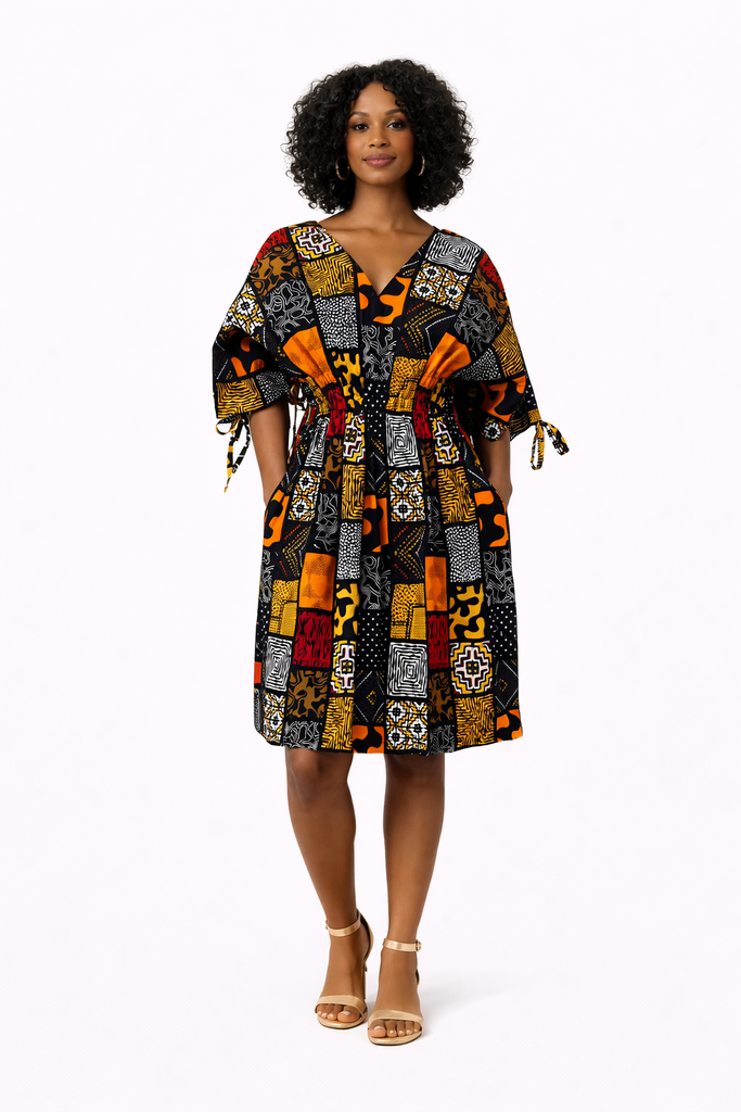 Ankara Patchwork V-Neck Flare Dress