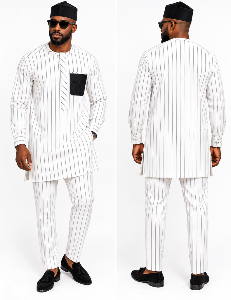Men's Luxury White and Black Pinstripe Polish Cotton Senator Two-Piece Set
