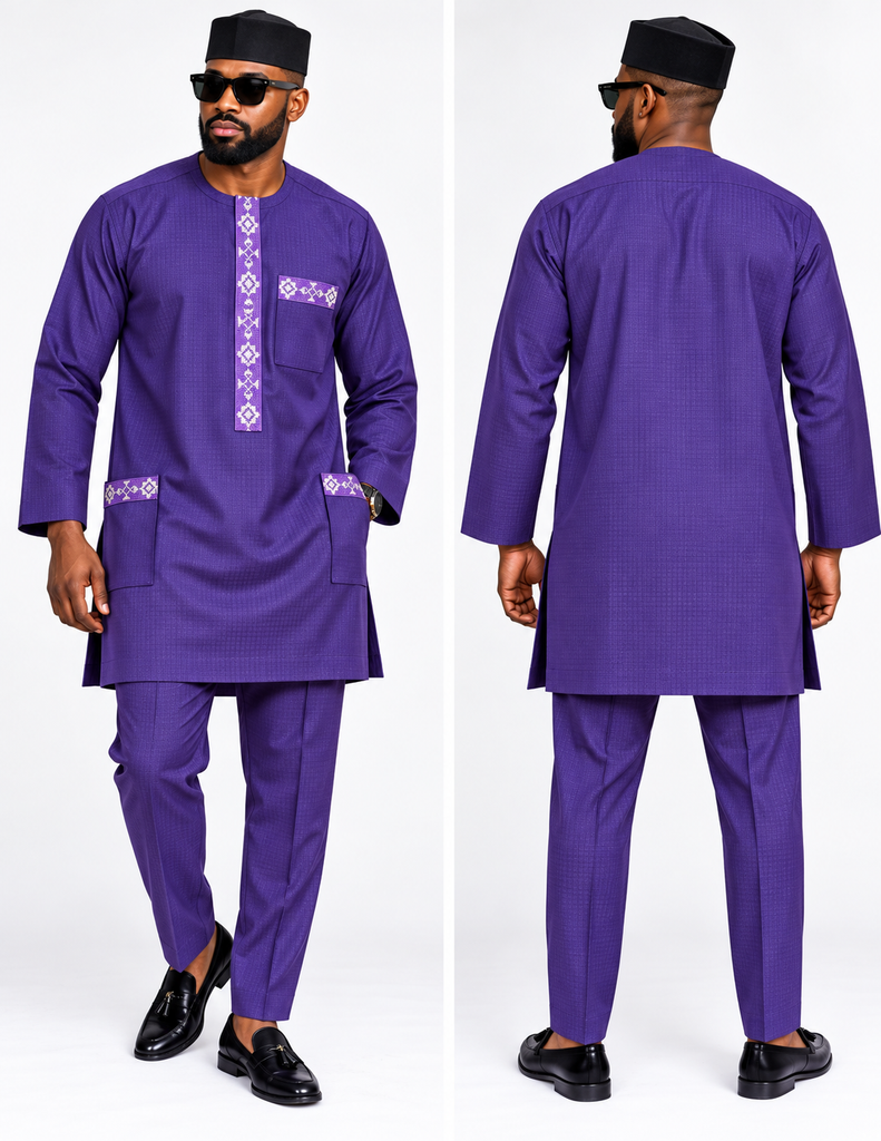 Men's Luxury Royal Purple Viscose Senator Two-Piece Set with Embroidered Pocket Accents