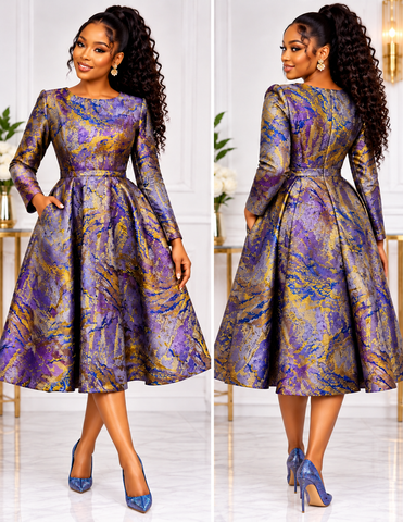 Elegant Royal Sapphire Gold Damask Long Sleeve Flared Midi Dress