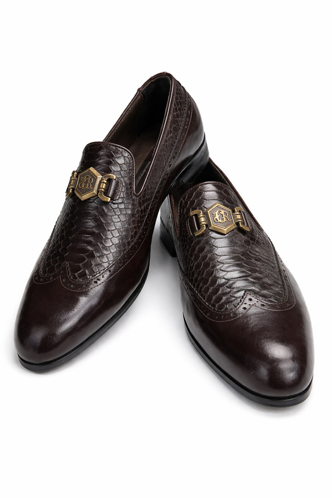Luxury Dark Brown Python-Embossed Leather Loafers