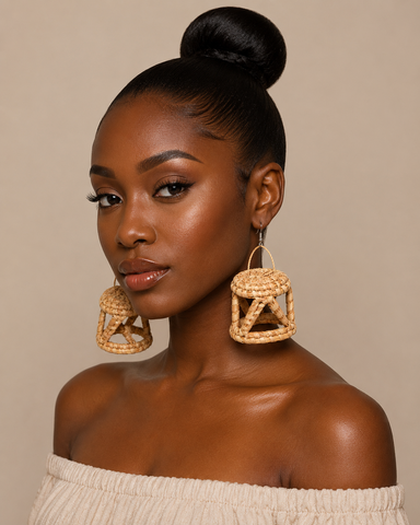 Handwoven Raffia Geometric Drop Earrings – Natural African Statement Earrings