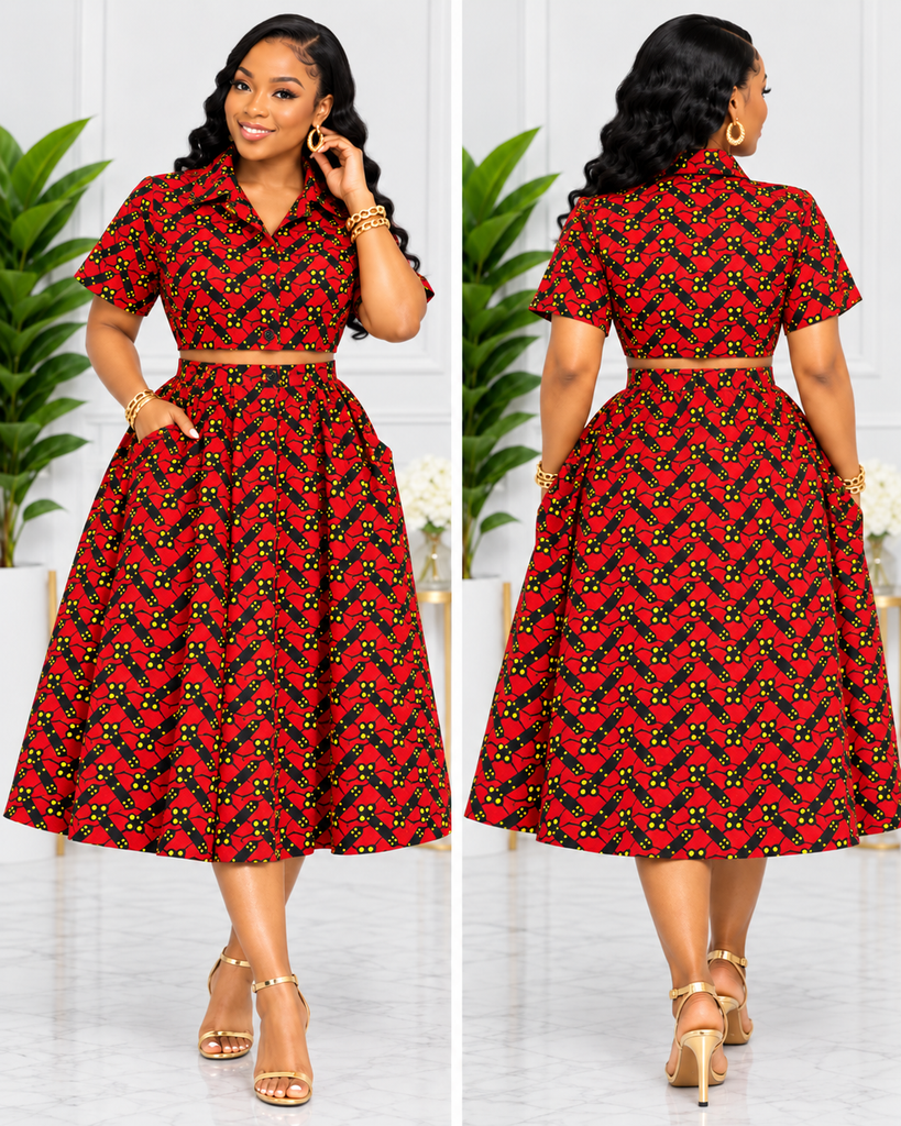 Elegant Royal Ruby Ankara Crop Top & Flared Midi Skirt Two-Piece Set