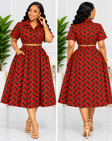 Elegant Royal Ruby Ankara Crop Top & Flared Midi Skirt Two-Piece Set
