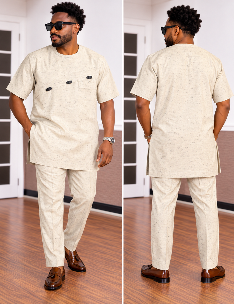 Men's Butter Cream Linen Two-Piece Set with Black Speckled Design
