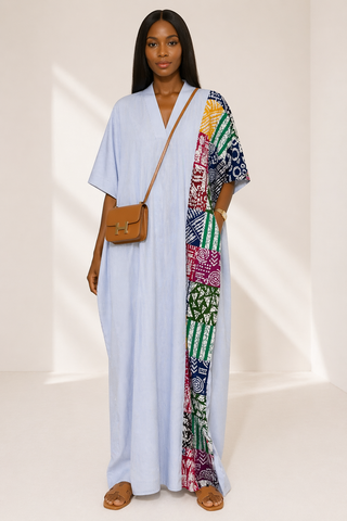 Oversized Blue Stripe & Patchwork Kaftan Maxi Dress