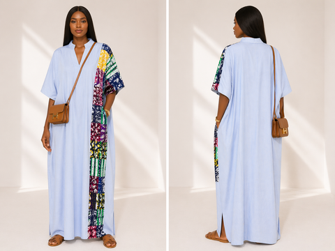 Oversized Blue Stripe & Patchwork Kaftan Maxi Dress