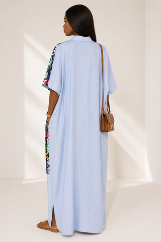 Oversized Blue Stripe & Patchwork Kaftan Maxi Dress