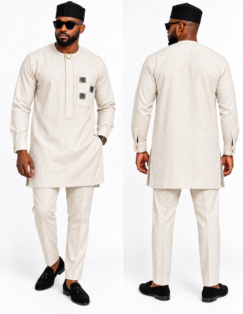 Men’s Luxury Ivory Linen Senator Two-Piece Set with Black Detail