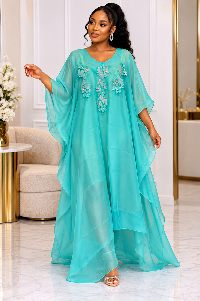 Elegant Aqua Royal Chiffon Bubu Kaftan Gown with Floral Bead Embellishments
