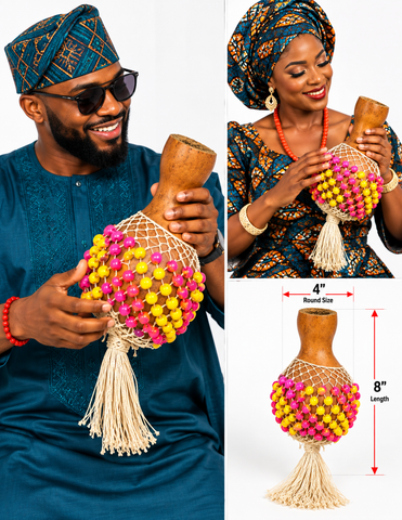 Traditional Nigerian Sekere – Pink & Yellow Beaded Gourd Shaker