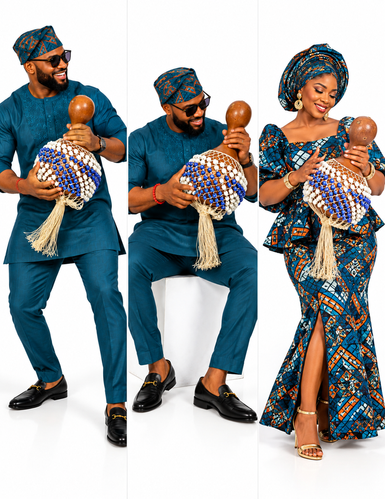 Traditional Nigerian Sekere – Handcrafted Gourd with Blue & White Beads