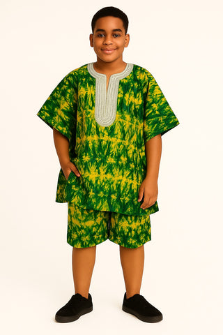 Boys' Free-Style Yoruba Danshiki – Green & Yellow Tie-Dye