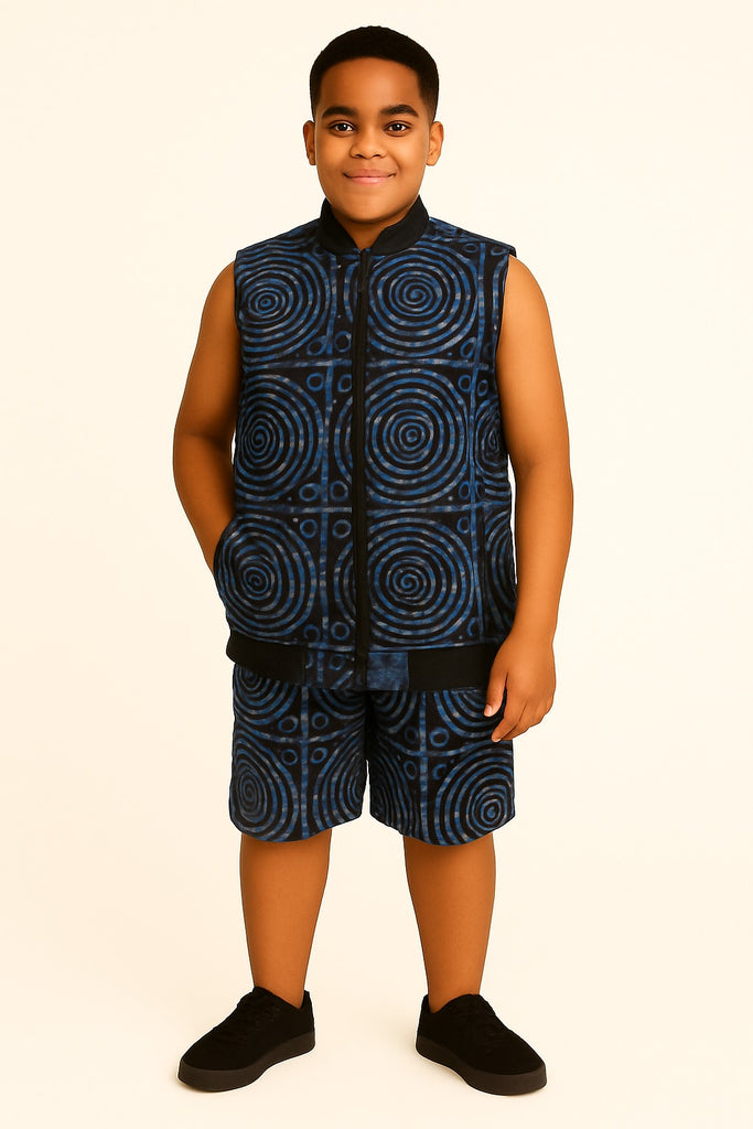 Boys' Blue & Black Sleeveless Ankara Jacket Set
