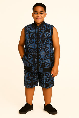 Boys' Blue & Black Sleeveless Ankara Jacket Set