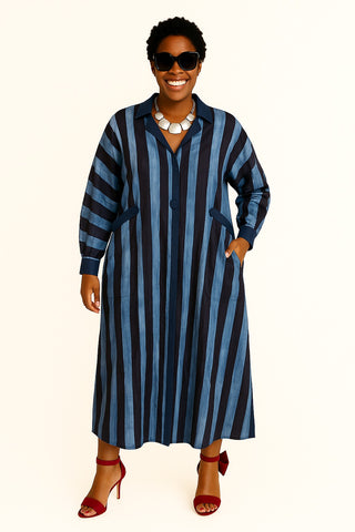 Navy Blue and Teal Vertical Stripe Tie-Dye Maxi Shirt Dress