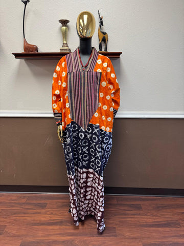 Full-Length Bat Sleeve Aso-Oke and Tie-Dye Bubu Gown