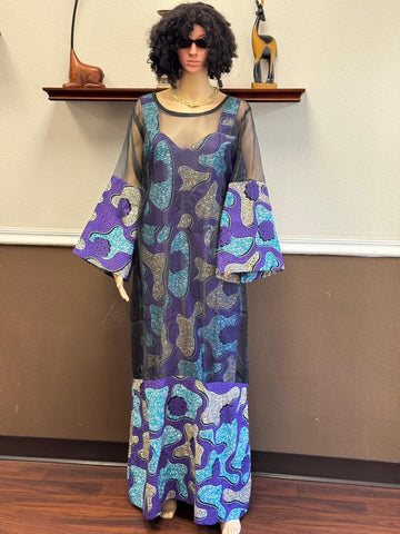 Sheer Overlay Ankara Overall Net Sleeve Maxi Dress