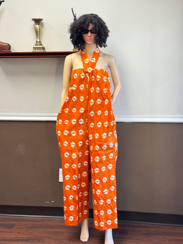 Orange Halter Neck Tie-Dye Wide-Leg Jumpsuit