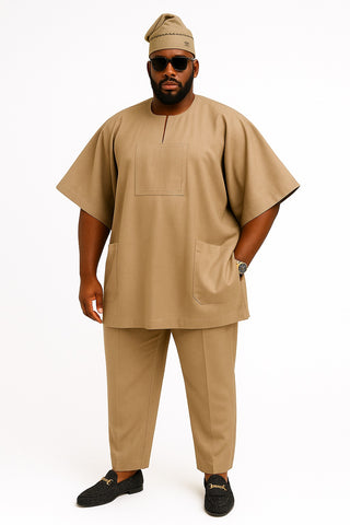 Camel Brown Danshiki Set with Wide Sleeves