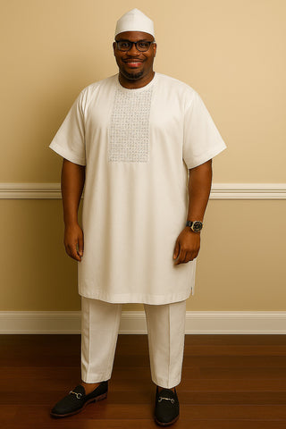 Classic White Agbada-Inspired Senator Set