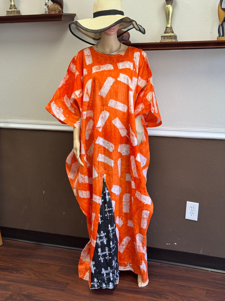 Vibrant Orange & Black Mix Tie-Dye Kaftan with Front Contrast Panel