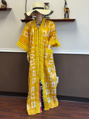 Golden Yellow Tie-Dye Kaftan with Striped Aso-Oke Trim & Contrast Slit