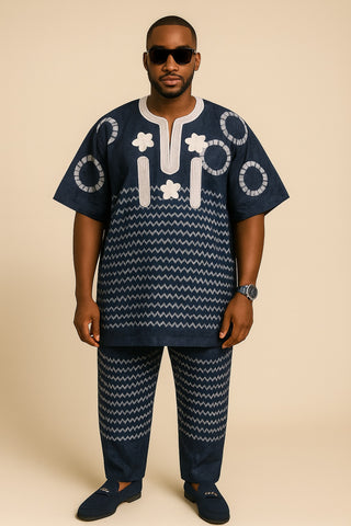 Navy Blue Tie-Dye Dashiki Set with Embroidery