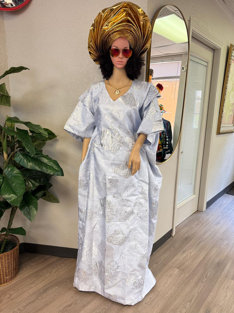 Silver Bloom Damask Bubu Kaftan with Layered Flounce Sleeves