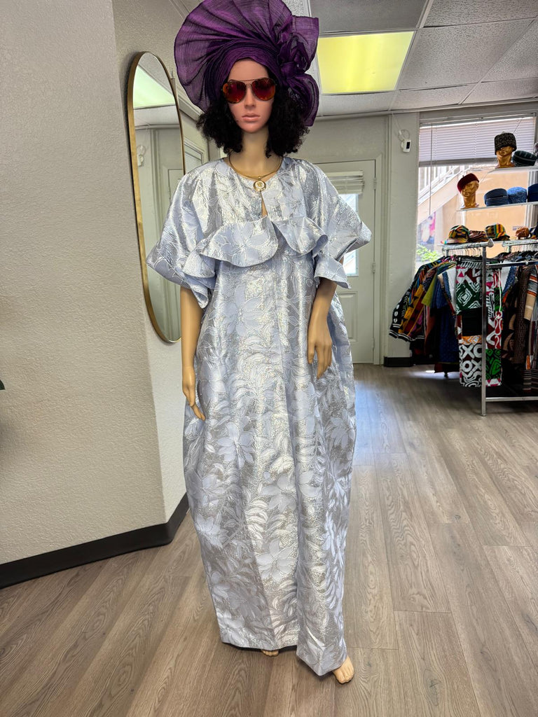 Silver Floral Damask Bubu Kaftan with Cascading Ruffle Sleeves