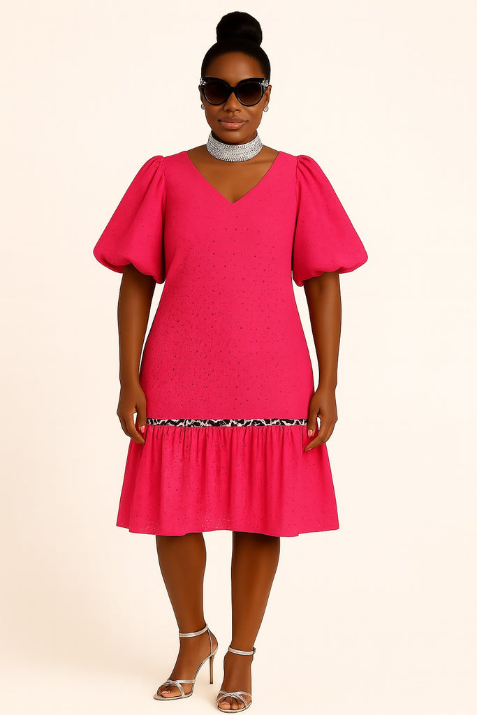 Fuchsia Elegance – Puff Sleeve Lace Dress with Silver Statement Accents