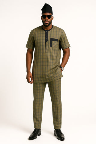 Olive Green Checked Senator Set with Black Contrast Detail