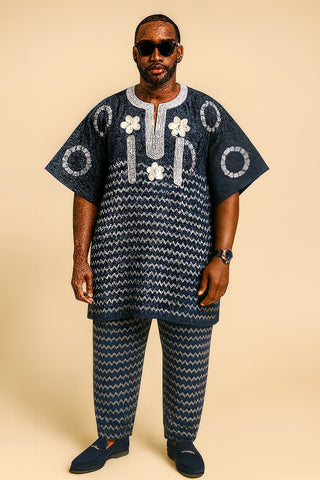 Navy Blue Tie-Dye Dashiki Set with Embroidery