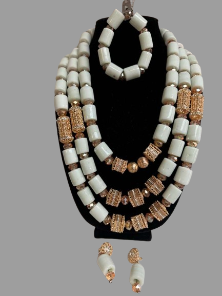 Ivory & Gold Three-Layer Statement Bead Necklace Set