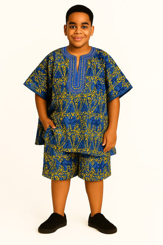 Boys' Blue & Yellow Tie-Dye Yoruba Danshiki Set