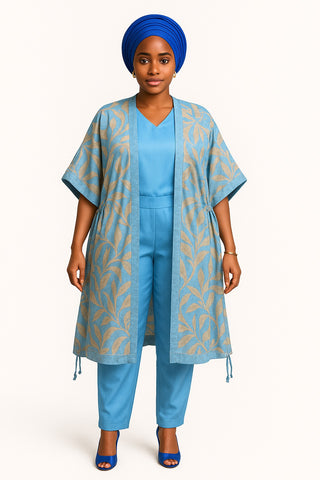 Blue Radiance 3-Piece Set – Inner Satin Top, Fitted Pants & Damask Kimono Jacket