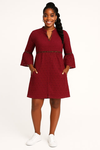 Burgundy Eyelet Mini Dress with Ankara Accents