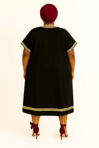 Black Chiffon Kaftan Dress with Gold Embroidery and Tassel Detailing