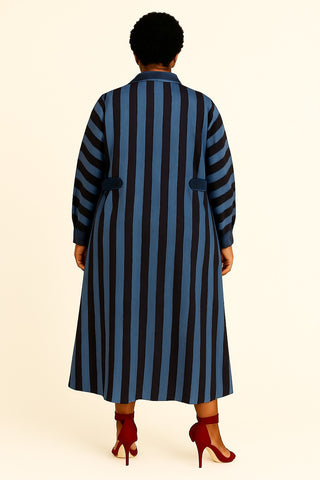 Navy Blue and Teal Vertical Stripe Tie-Dye Maxi Shirt Dress