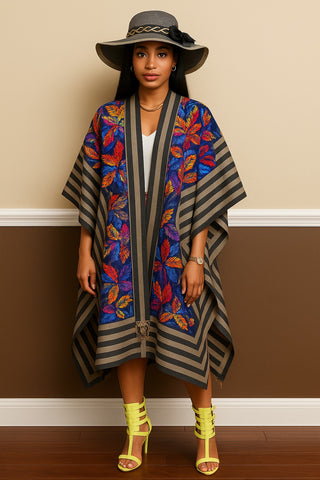 Striped Embroidered Kimono Kaftan with Neon Heels