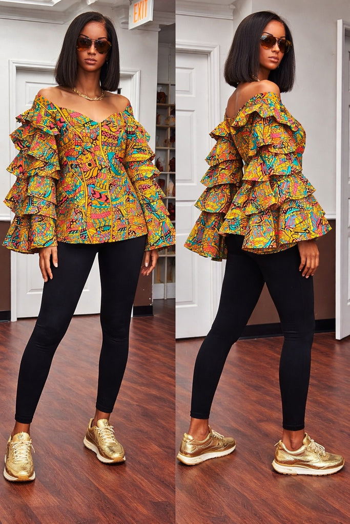 Layered Cone-Sleeve Ankara Statement Top