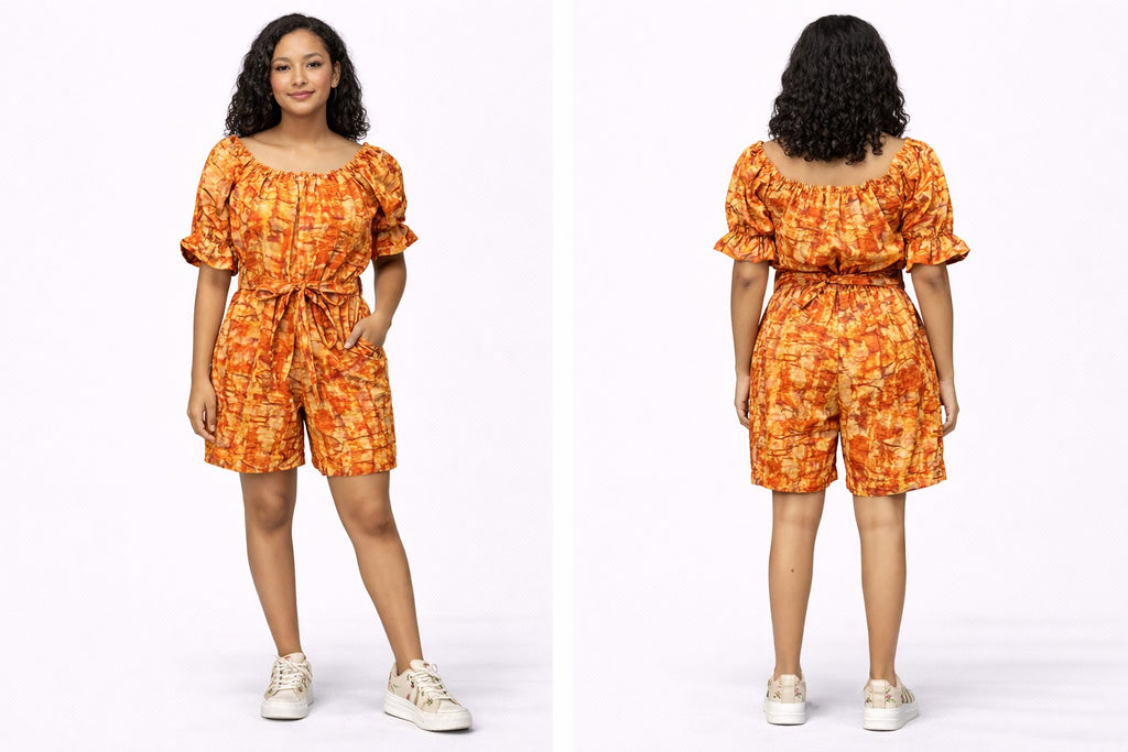 Tie-Dye Ankara Short Jumpsuit with Waist Rope