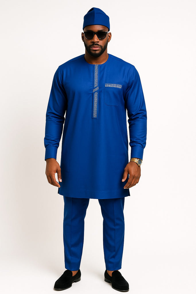 Royal Blue Embroidered Kaftan Set with Matching Cap