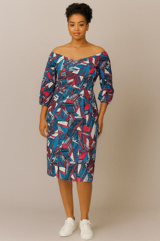 Geo Breeze Off-Shoulder Ankara Knee-Length Dress