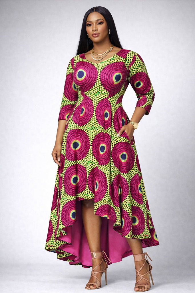 Fitted Ankara High-Low Midi Dress with V-Neck Silhouette