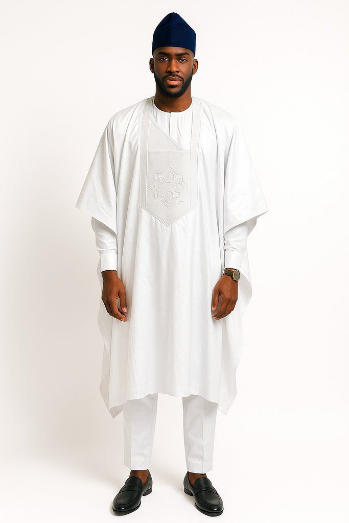 Royal White Agbada with Blue Fila Cap